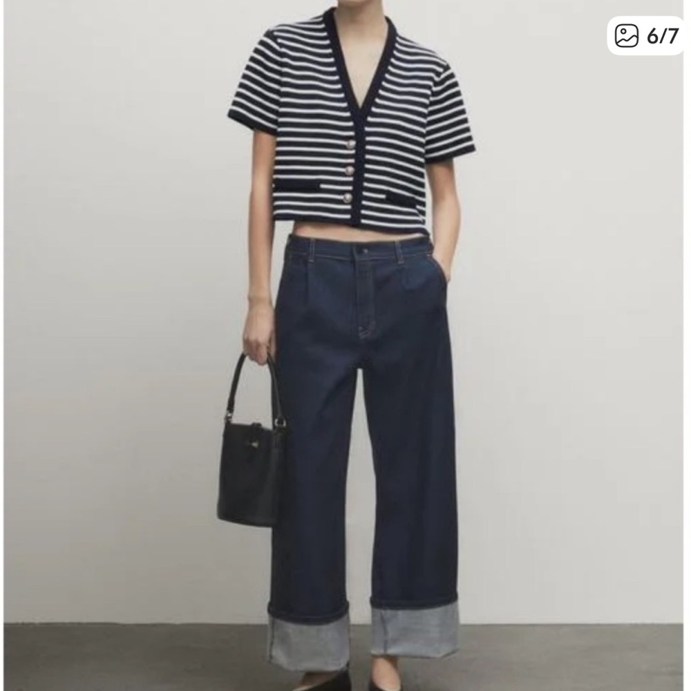 Massimo Dutti Navy Blue and Cream Striped Knit Cardigan!